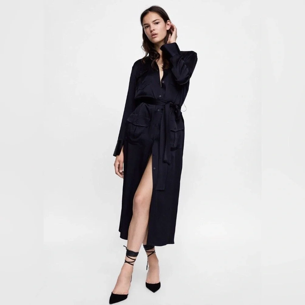 ZARA Satin Effect Black Shirt‎ Midi Dress size XS